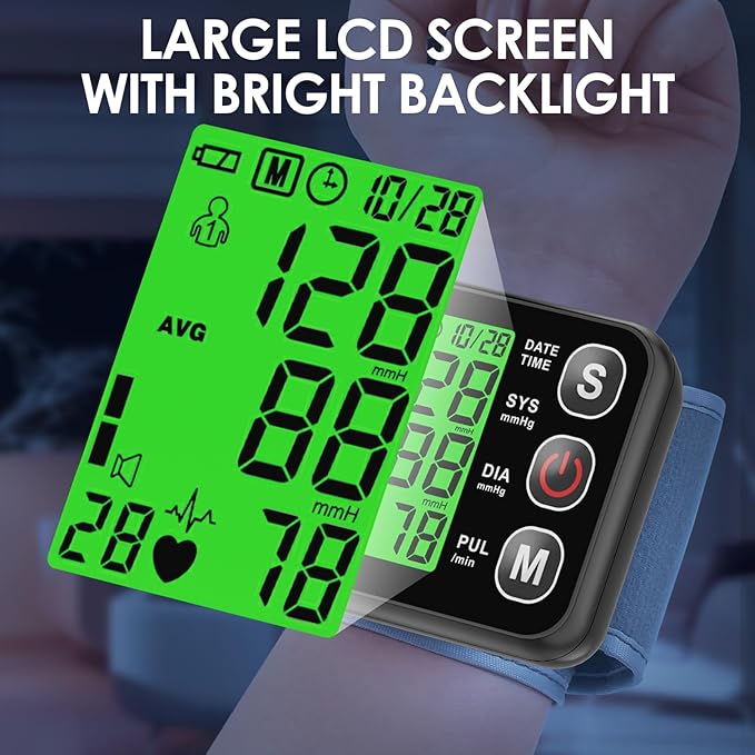 Wrist Blood Pressure Monitor -Bp Monitor, Automatic Blood Pressure Cuff 13.5-19.5 cm, High Accuracy, Backlit LCD Screen - 2 * 99 Sets of Memory for Home/Travel/Office Use