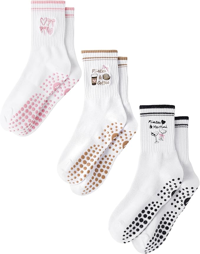 Yawlsow Pilates Grip Socks for Women Yoga Grippy Socks Cute Barre Non Skid Athletic Crew Sticky Sock Workout Hospital