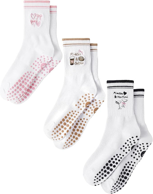 Yawlsow Pilates Grip Socks for Women Yoga Grippy Socks Cute Barre Non Skid Athletic Crew Sticky Sock Workout Hospital
