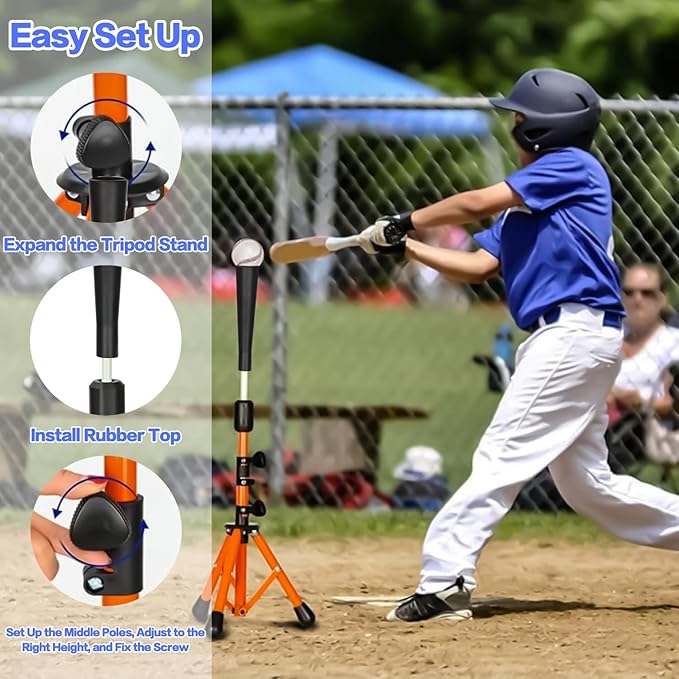 Adjustable Baseball Hitting Tee for Softball - Youth T-Ball Stand Ages 3-12 with Tool-Free Height, Multi-Surface Stability, Durable Baseball Training Equipment