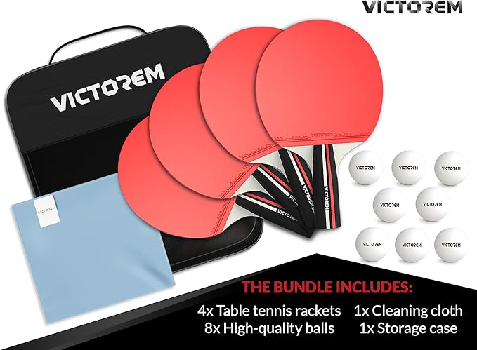 VICTOREM Table Tennis Paddles Set of 4 - Professional Ping Pong Paddles Set with Rubber & Ergonomic Handle for Enhanced Control & Spin - Speed & Control for Ultimate Performance with 8 Balls Included