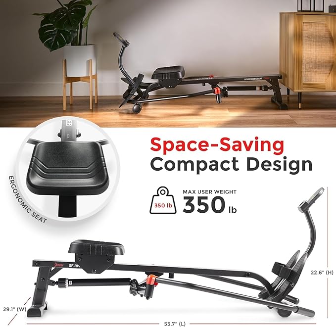 Sunny Health & Fitness Compact Full-Motion Rowing Machine w/Adjustable Resistance, Low-Impact Full-Body Workout Rower w/Long Slide Rail, Space-Saving Design, Optional Free SunnyFit App Connection