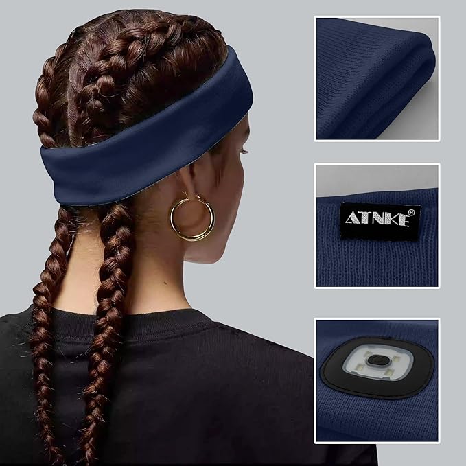 ATNKE 4 LED Lighted Sport Sweatband,USB Rechargeable Running Head Band Lamp High Stretch Wicking Gifts for Men and Women