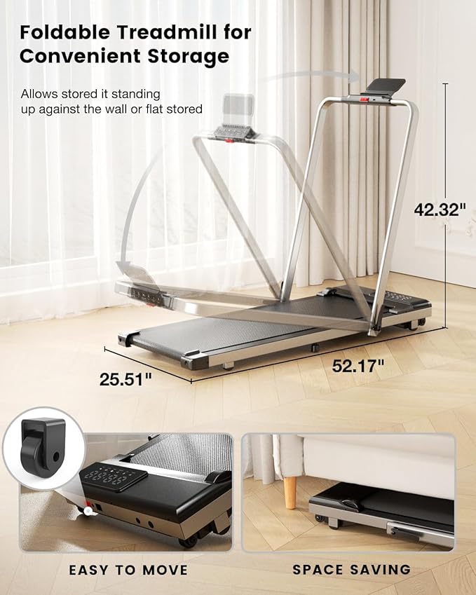 DeerRun 3 in 1 Walking Pad Treadmill, 300 Weight Capacity Foldable Treadmill, 3.0HP Low Noise Under Desk Treadmills for Home Office with Remote & APP