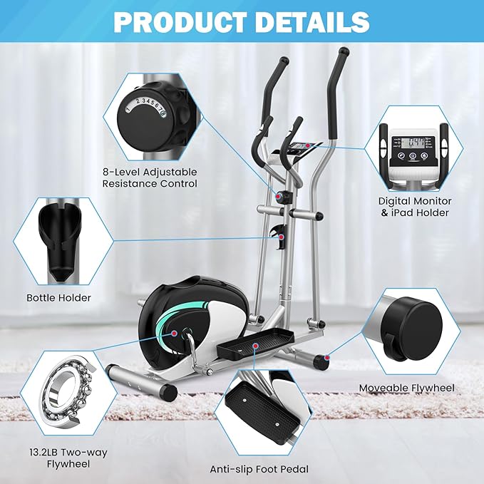 Elliptical Exercise Machine, Dripex Magnetic Elliptical Machine for Home, Hyper-Quiet Elliptical Training Machines w/ 6KG Flywheel, 8 Resistance Levels, Pulse Monitor, LCD Monitor, Device Holder