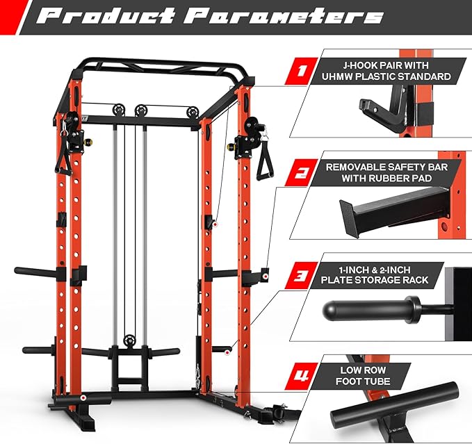RitFit Multi-Function Squat Rack Power Cage PPC03 with Cable Crossover System, 1000LBS Capacity Power Rack and Packages with Optional Weight Bench, Barbell Weight Set, for Garage Workout & Home Gym
