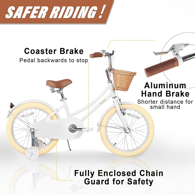 Glerc Little Molly 12-20 Inch Kids Retro Cruiser Bike for 2-13 Year Old with Wicker Basket & Training Wheels/Kickstand, Multiple Colors