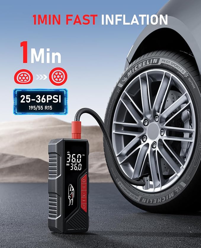 Tire Inflator Portable Air Compressor, Cordless Air Pump for Car Tire 150PSI, Battery & 12V DC, Electric Bike Pump with Pressure Gauge, Auto Shutoff, for Bicycle, Ball, Motorcycle Accessories