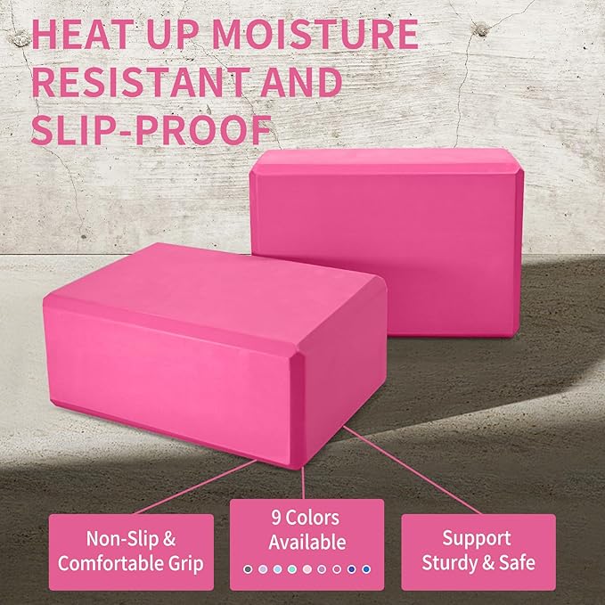 Yoga Block 2 Pack 9"x6"x3", Sturdy Yoga Foam Blocks, High Density & Non Slip Surface for Pilates & Stretching, Fitness Accessories for Stability & Balance