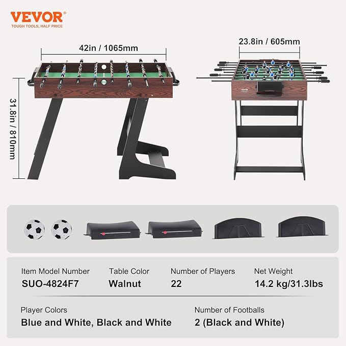 VEVOR Folding Foosball Table, 42 inch Standard Size Foosball Table, Indoor Full Size Foosball Table for Home, Family, and Game Room, Soccer with Foosball Table Set, Includes 2 Balls, walnut