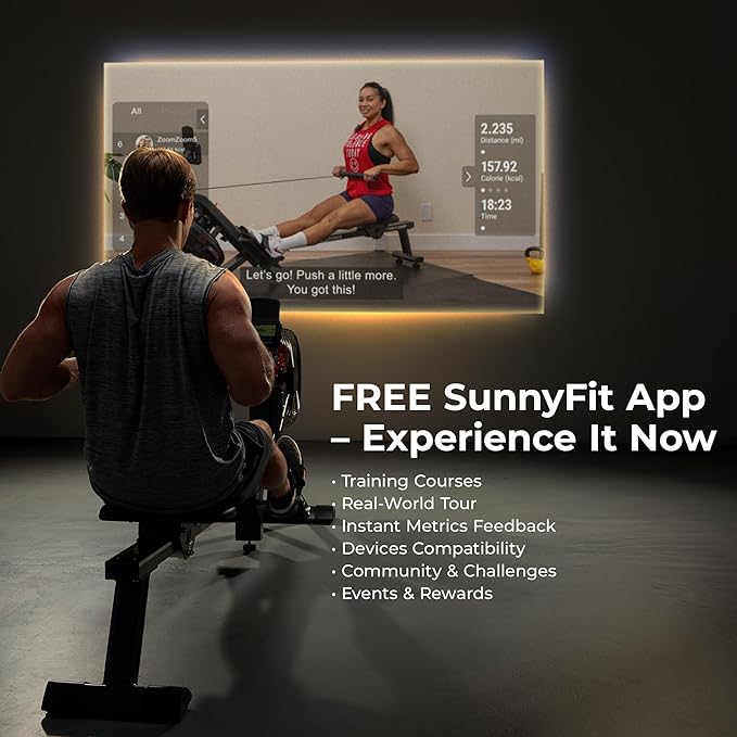 Sunny Health & Fitness Premium Smart Air & Magnetic Resistance Rowing Machine, Foldable Long Silding Rail Exercise Rower for Home Training, Free SunnyFit App Connection