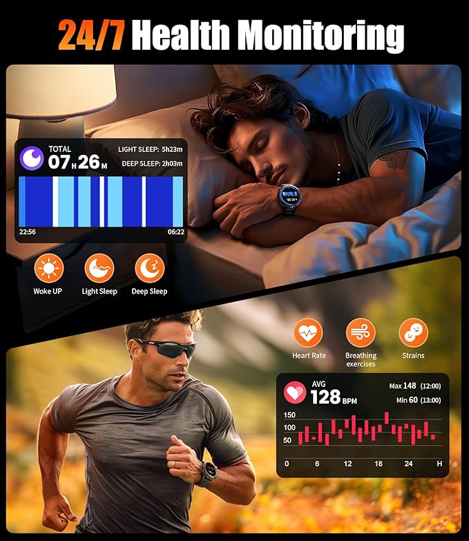 LIGE Military Smart Watch with 900mAh Battery(60+Standby),1.73" AMOLED with Compass Altitude and Barometric Pressure,110+ Sports Mode Tactical Fitness Tracker/Bluetooth Call Android iOS Smartwatch