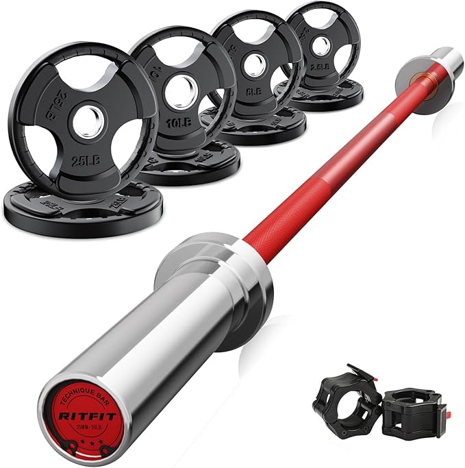 RitFit Barbell Weight Set - 4/6FT Olympic Barbell with Weight Plates (55-275LB Total) - Weightlifting Equipment for Squats, Curls, Deadlifts, Presses, Hip Thrusts