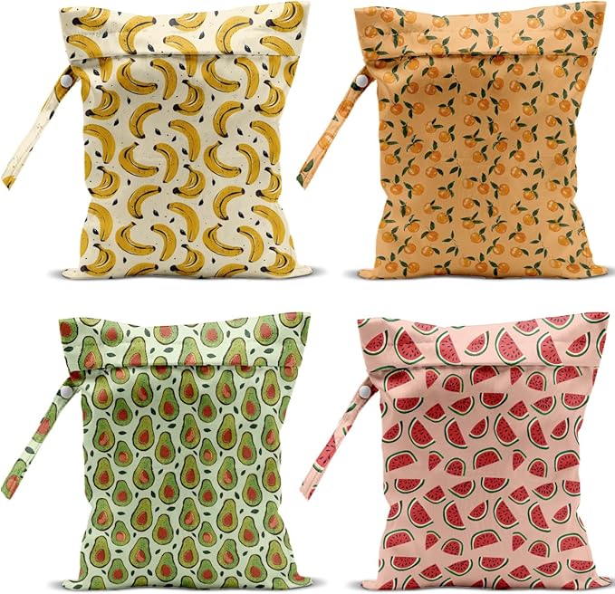 4 Pack Cute Fruit Wet Bag Waterproof Washable Reusable Wet Dry Bag for Swimsuit Dirty Clothes Cloth Diaper Travel Beach Pool Yoga Gym Toiletries Travel Beach Essentials Watermelon Avocado Banana