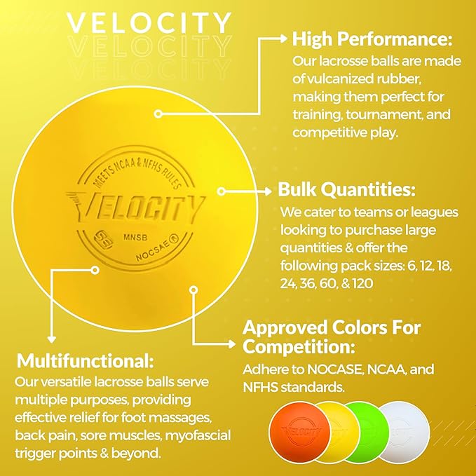 Velocity Lacrosse Balls - 1, 2, 3, 6, 12, 18, 24, 36, 60 and 120 Packs - for Practice, Official NFHS and College Approved Size
