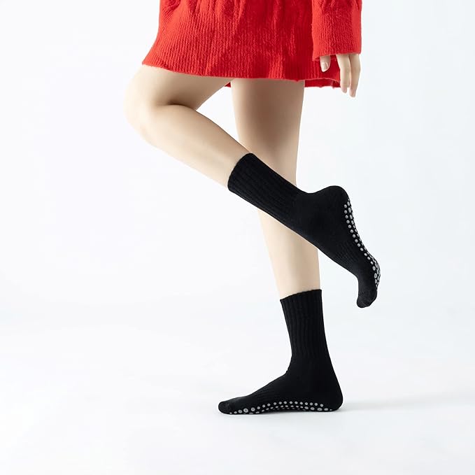 Yoga Pilates Socks with Grips for Women Non Slip Solid Colored Fleece Cushioned Mid Calf Crew Socks for Barre Ballet Dance