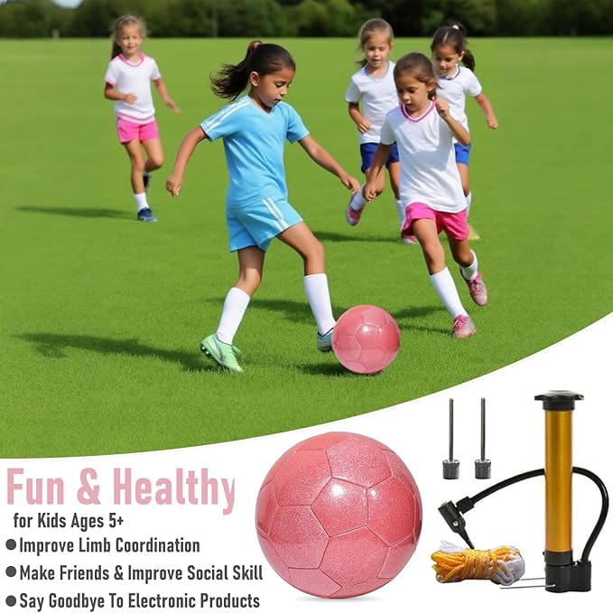 Glitter Soccer Ball Set with Pump – Size 3 4 5 Pink Gold Purple Training Balls for Youth, Teens, and Adults – Soft Practice Ball for Beginners