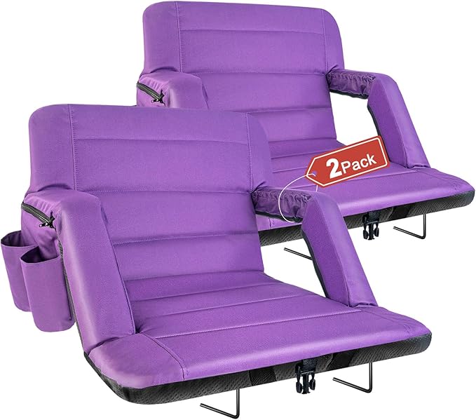 Extra Wide Stadium Seats With Back Support 2 Pack, Exclusive New Bleacher Chairs With Back and Cushion Folding Stadium Chairs, 6 Reclining Positions Waterproof Bleacher Seats (Extra Wide|25" Purple)