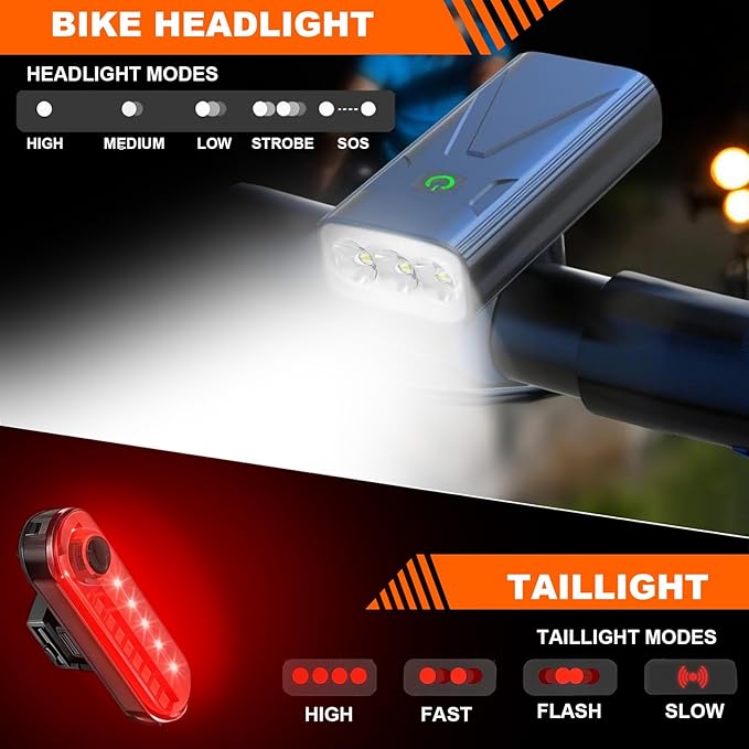 Bike Lights for Night Riding USB Bike Light Set, Bicycle Front Headlight and Back Taillight, 3/5 Light Modes,for Road Cycling