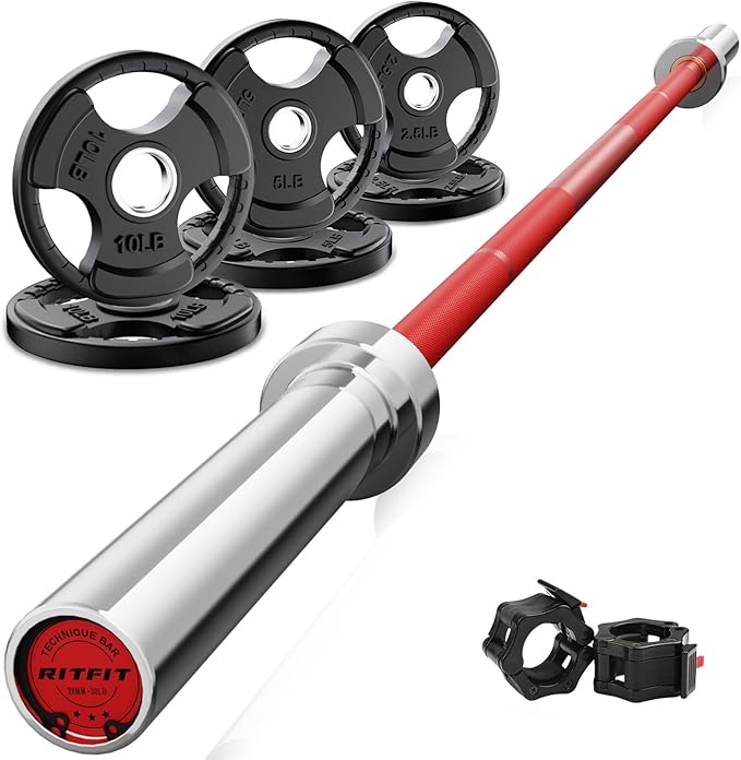 RitFit Barbell Weight Set - 4/6FT Olympic Barbell with Weight Plates (55-275LB Total) - Weightlifting Equipment for Squats, Curls, Deadlifts, Presses, Hip Thrusts