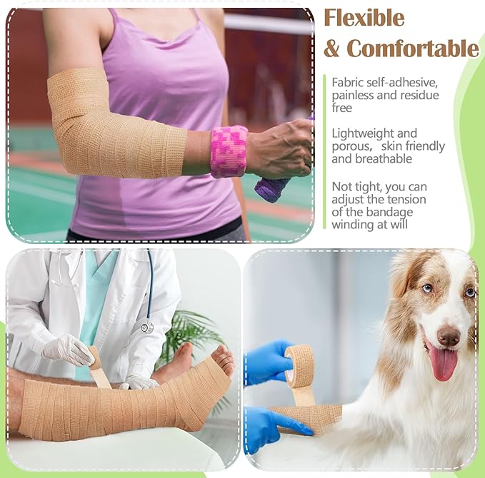 Treela 48 Pack Self Adhesive Wrap Bandage Bulk, Self Adherent Cohesive Bandage Elastic Athletic Tape Breathable Wound Tape for Stretch Athletic Sports Wrist Ankle(Nude Color,1 Inch X 5 Yards)