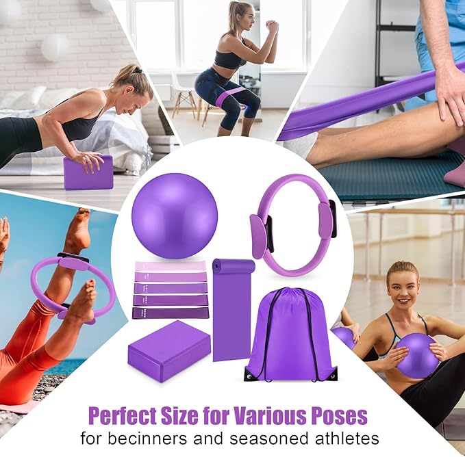 10 Pcs Pilates Ring Set for Women Home Yoga Equipment Accessories Pilates Ring Circle and Ball Workouts Gift Include Ball Yoga Circle Resistance Bands Block Straps Gym Bag