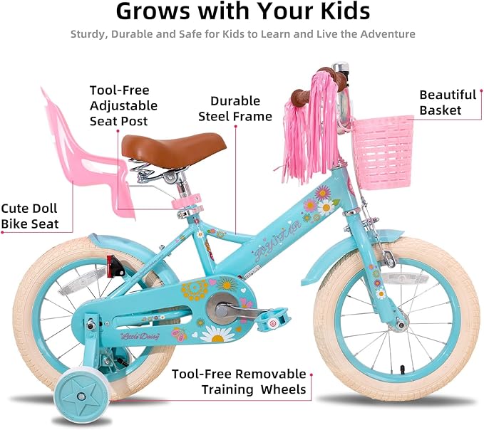 JOYSTAR Little Daisy Kids Bike for Girls Boys Ages 2-7 Years, 12 14 16 Inch Girls Bikes with Doll Bike Seat & Streamers, Boys Bike with Flag & Number Plate, Multiple Colors