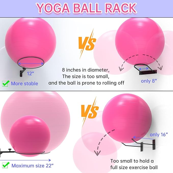Universal Wall-Mounted Exercise Ball Holder - Adjustable Yoga Ball Storage Rack for 14 to 30 Inch Stability Balls, Heavy-Duty Metal Wall Mount with 12-Inch Diameter Ring, Space-Saving Design