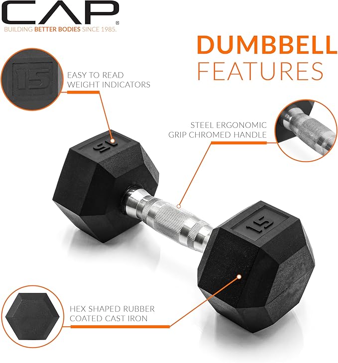 CAP Barbell Rubber Coated Dumbbell Weight Set with Vertical Rack | 100 lb, 150 lb, and 210 lb Options