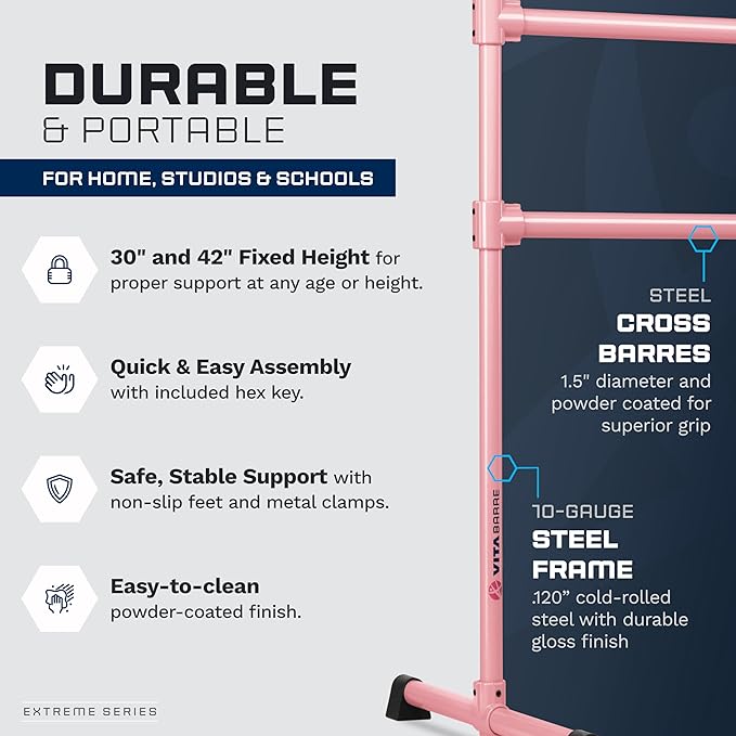 VITA Barre Portable Freestanding Double Ballet Barre, Extreme, Steel | Fixed Height, Made in USA, Home or Gym Exercise Equipment for Kids & Adults | Dance, Fitness, Pilates