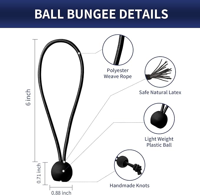 6 Inch Ball Bungee Cords, Heavy Duty UV Resistant Elastic Strap, Reusable Tie Down Cord with Balls, Indoor Outdoor Cords for Golf Net, Soccer Goals, Camping, Tent Poles, Hose (Black, 20 Pack)