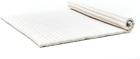 Leewadee - Foldable Floor Mattress - Japanese Roll Up Futon -Trifold Tatami Mat- Guest Floor Bed - Camping Mattress - Thai Massage Mat, Kapok Filled, 75 x 57 inches, Ecru