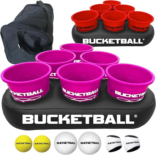 BucketBall | Team Color Edition | Party Pack (Pink/Red): Original Yard Pong Game: Best Camping, Beach, Lawn, Outdoor, Family, Adult, Tailgate, Jumbo, Giant Game