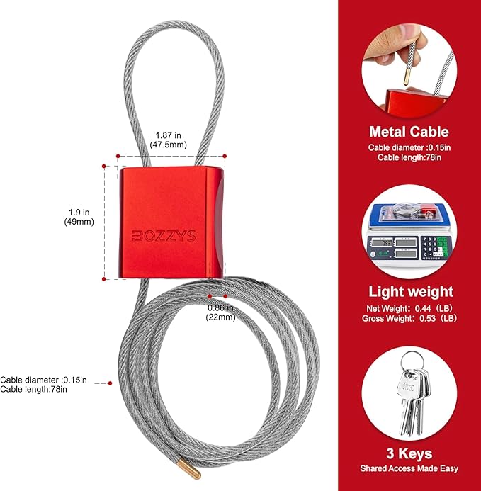 Adjustable Cable Locks with 3 Keys | L 6.56ft x D 1/6in Aluminum Steel Cable Padlock for Bikes, Gate, Lockers & Outdoor Gear | Keyed Different & Red