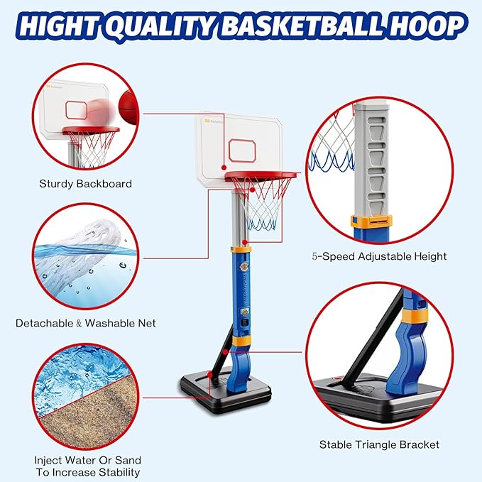 Toddler/Kids Basketball Hoop，Adjustable Height Poolside Mini Basketball Hoop, Swimming Pool Basketball Toys ，Indoor Outdoor Play Portable Basketball Games, Perfect Sports Gift for Boys Girls Age 3-12