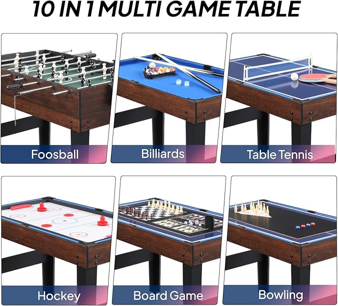 PEXMOR 10-in-1 Multi Game Set for Adults and Family, 48" Game Table with Hockey, Foosball, Pool, Ping Pong, Shuffleboard, Chess, Checkers, Bowling, Backgammon