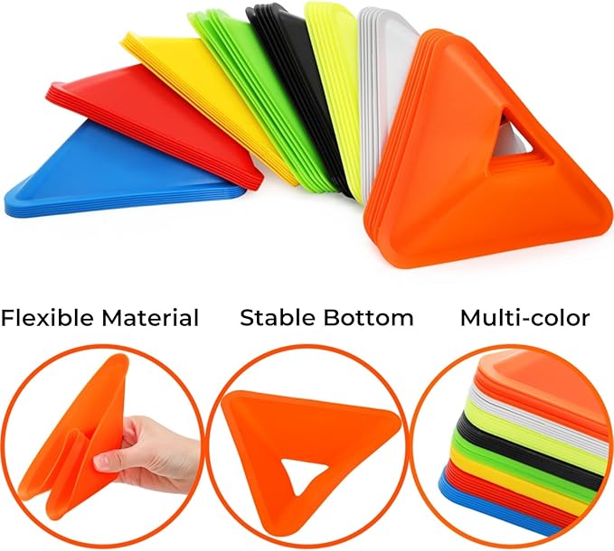 48 Pack Triangle Soccer Cones, Flexible Agility Cones with Carry Bag and Strap, Sports Drill Cones for Training, Plastic Traffic Marker Cones for Football Basketball Coaching, 8 Colors