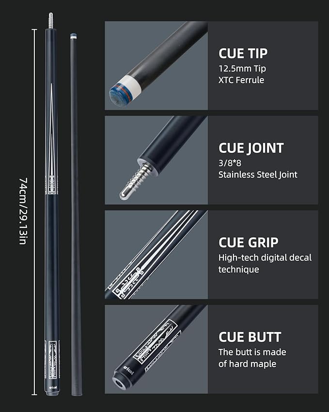 CRICAL Carbon Fiber Pool Cue Stick 58" Billiard Cue Sticks Professional Low Deflection Pool Sticks with 3/8 * 8 Pin Joint and 12.5mm Tip