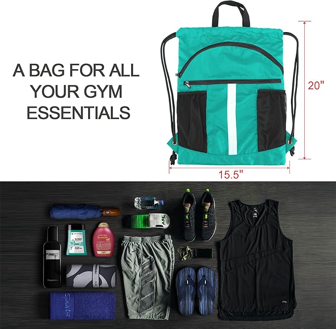 BeeGreen Drawstring Backpack Bag with Shoe Compartment, X-Large Black Gym Sports String Cinch Backpack