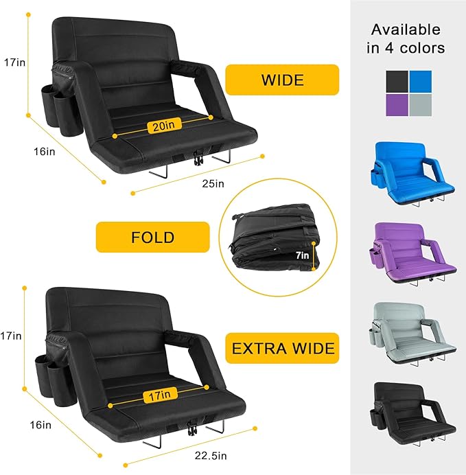 Stadium Seats with Back Support Wide, Exclusive Bleacher Chairs with Back and Cushion Folding Stadium Chairs, 6 Reclining Positions Waterproof Bleacher Seats with 2 Hooks (Wide|22.5" Black)
