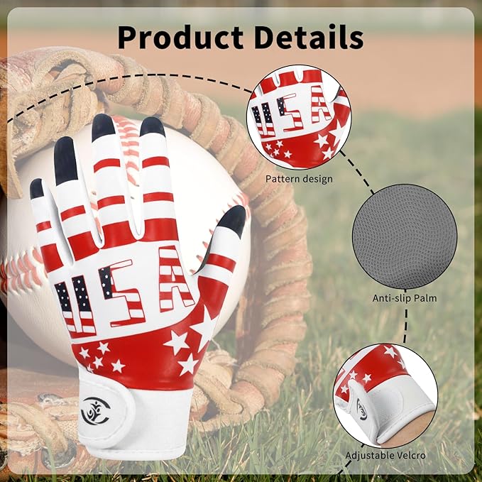 Youth Baseball USA Flag Glove American Flag Batting Gloves Comfortable Fit Breathable Durable Lightweight Design Junior Training Batting