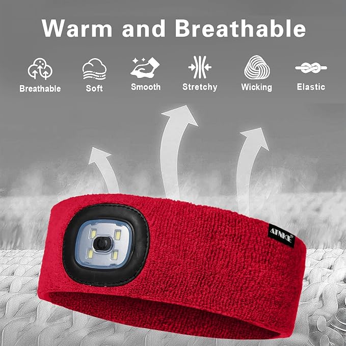 ATNKE 4 LED Lighted Sport Sweatband,USB Rechargeable Running Head Band Lamp High Stretch Wicking Gifts for Men and Women