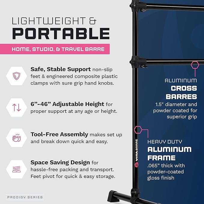 VITA Barre Portable Freestanding Double Ballet Barre, Prodigy, Aluminum | Adjustable Height, USA Made, Home or Gym Exercise Equipment for Kids & Adults | Dance, Fitness, Pilates