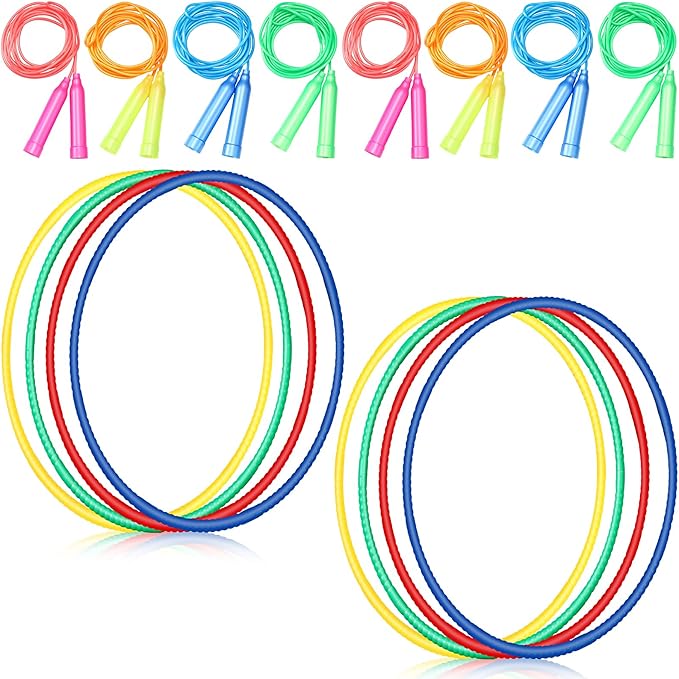 Poen 16 Pcs Detachable Hoop and Jump Rope Set Adjustable Kids Exercise Hoop Skipping Rope Equipment for Fitness Teens Adults Weight Loss Exercise Gymnastics Party Games