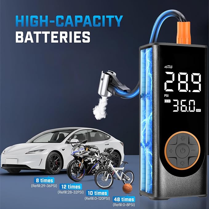 Tire Inflator Portable Air Compressor, 150PSI Cordless Air Pump for Car Tires, 4X Faster 12V DC Tire Pump with Tire Pressure Gauge, LED Light for Cars, Motorcycles, Bikes, Balls (Black)