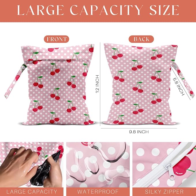 4 Pack Cute Polka Striped Cherry Bow Wet Bag Waterproof Washable Reusable Wet Dry Bag for Swimsuit Dirty Clothes Bathing Cloth Diaper Travel Beach Pool Yoga Gym Toiletries Travel Beach Essentials