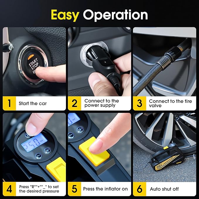 Tire Inflator Portable Air Compressor - DC 12V Air Pump for Car Tires with 150PSI LCD Digital Gauge & Emergency LED Light,Auto Tire Pump for Cars,Motorcycles,Bikes,Balls (Large)