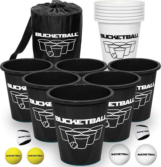 BucketBall | Team Color Edition | Combo Pack (Black/White): Original Yard Pong Game: Best Camping, Beach, Lawn, Outdoor, Family, Adult, Tailgate, Jumbo, Giant Game