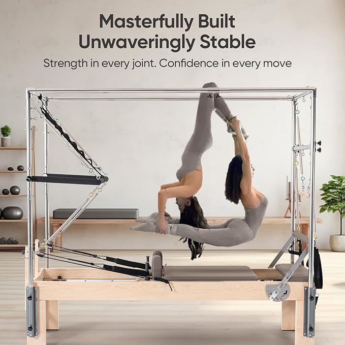 Pilates Reformer with Half Trapeze – Maple Wood Frame, Adjustable Resistance & Half Trapeze for Home Gym, Core Strength, Flexibility & Full-Body Workouts, Mocha
