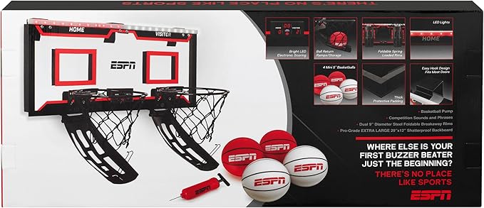 ESPN Mini Basketball Hoop, Over The Door Basketball Hoop with 2 Foldable Breakaway Rims and Ball Return for Two Player Games, Includes 4 Mini Basketballs and Pump